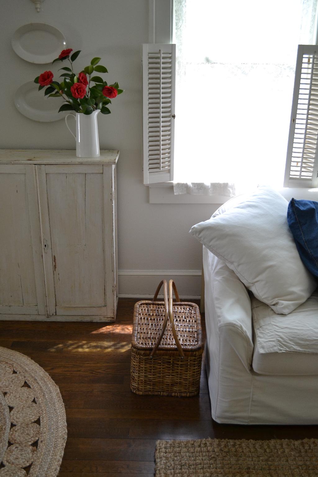 Cottage Fix blog - warm whites, red camellias, and a picnic basket