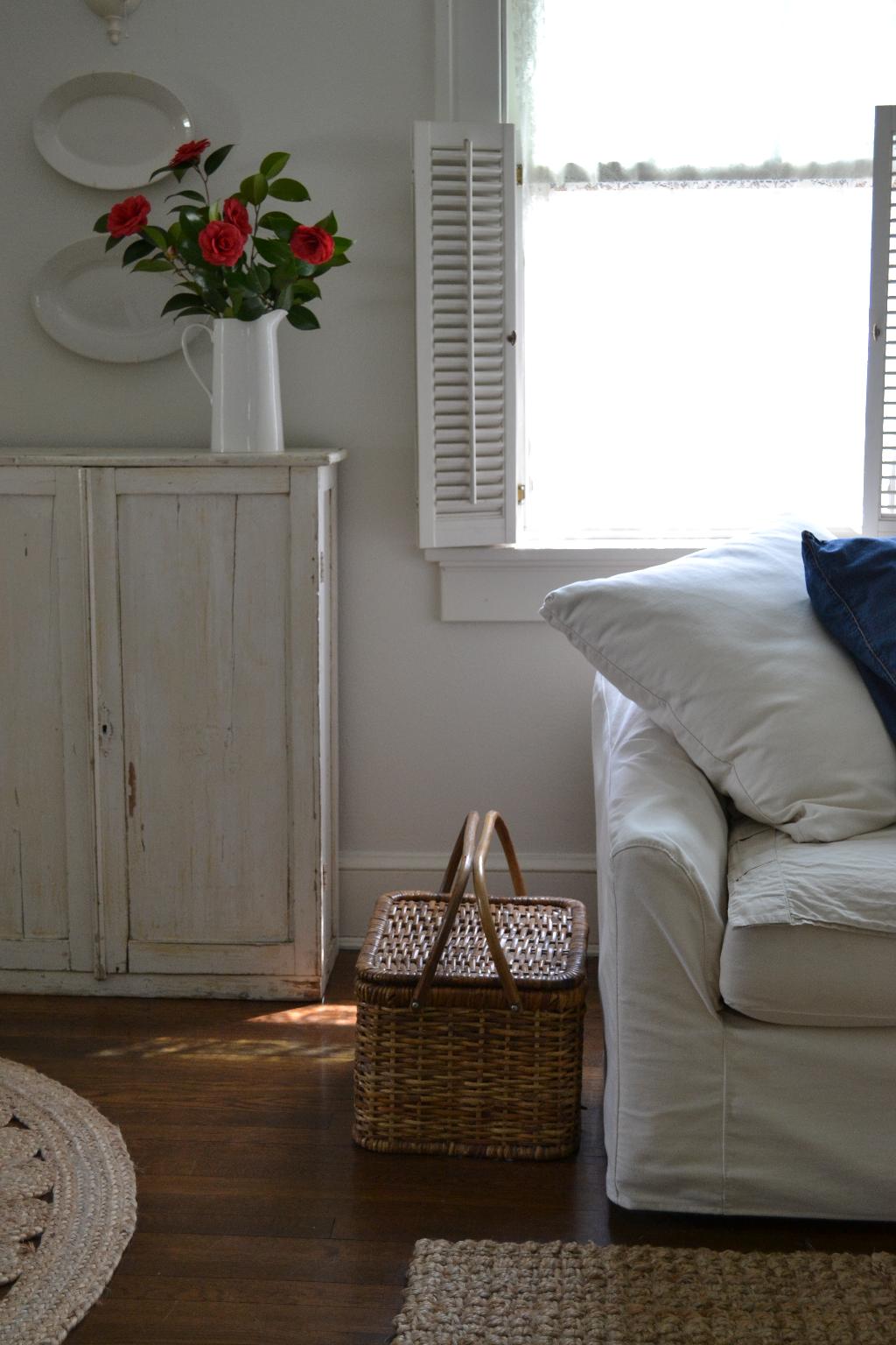 Cottage Fix blog - warm whites, red camellias, and a picnic basket