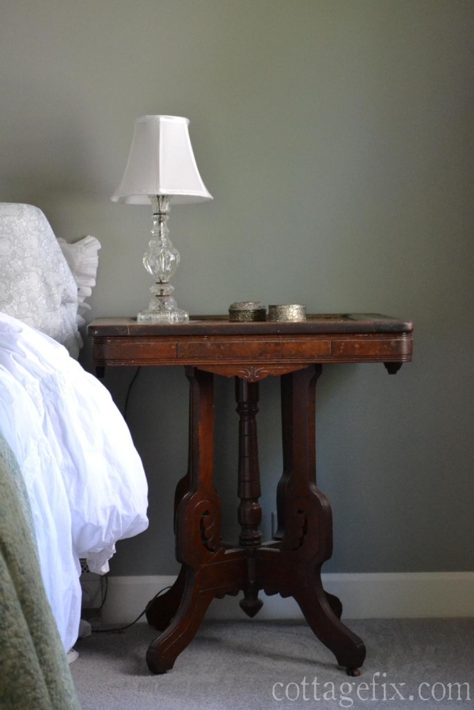 Cottage Fix blog - gray wall color, vintage bedside table, and a vintage lamp