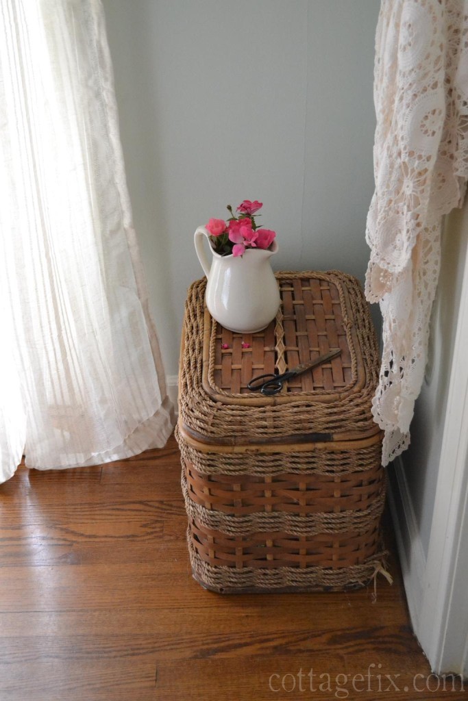 Cottage Fix blog - barely blue wall color, pink roses, and warm whites
