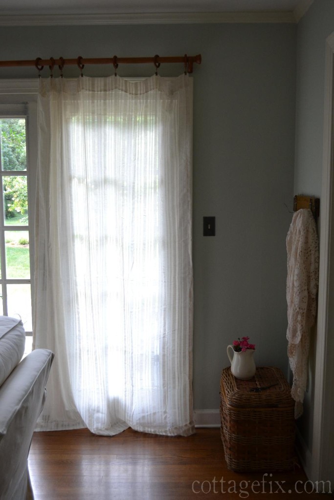 Cottage Fix blog - barely blue wall color and creamy white drapes