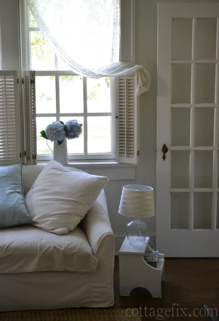 Cottage Fix blog - fresh blue hydrangeas and lace curtains