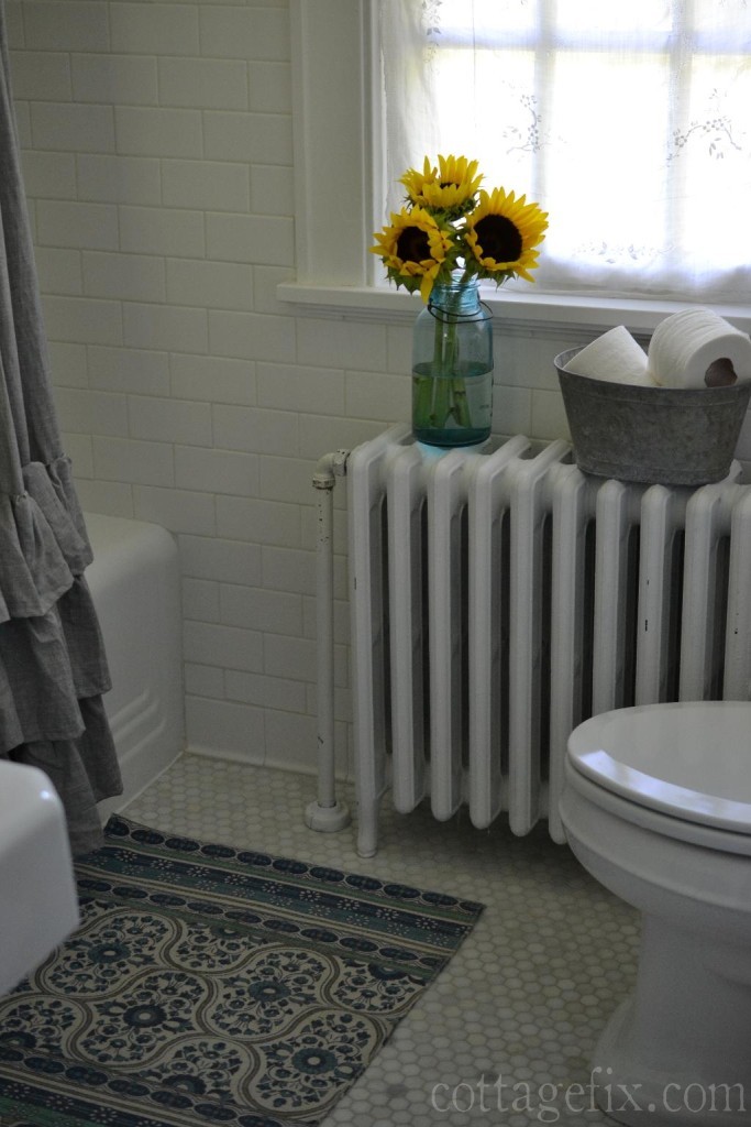 Cottage Fix blog - classic white cottage bathroom with sunflowers