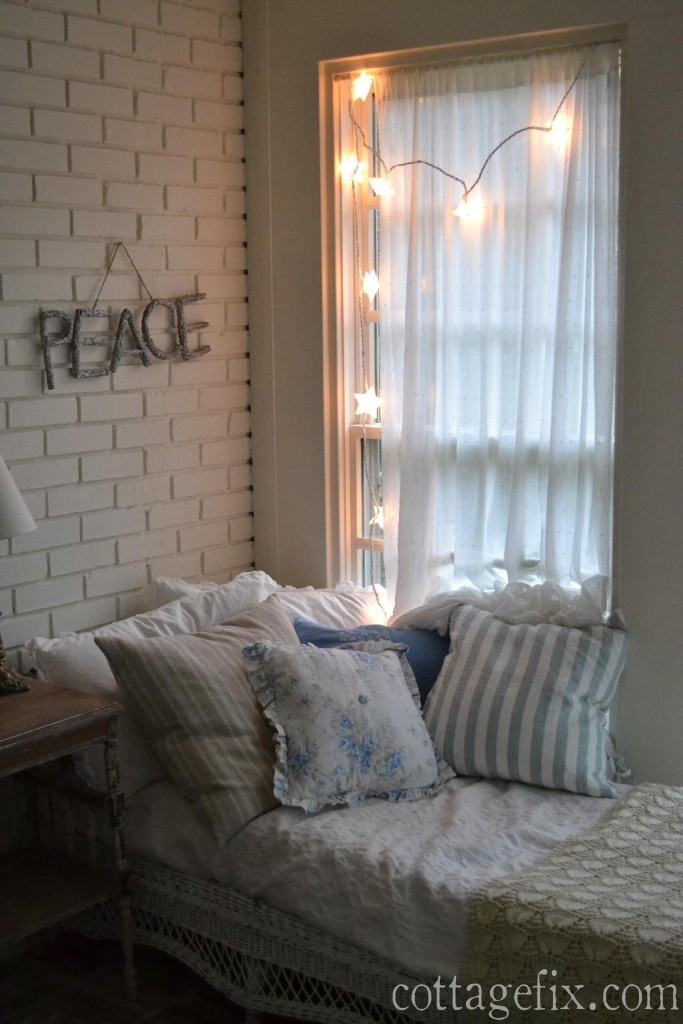 Cottage Fix blog - pillows, peace sign, and star lights