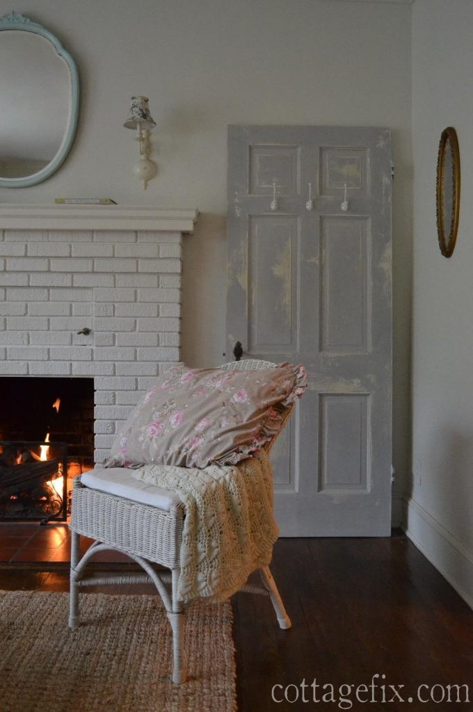 Cottage Fix blog - wicker chair with pink and taupe floral Simply Shabby Chic sham