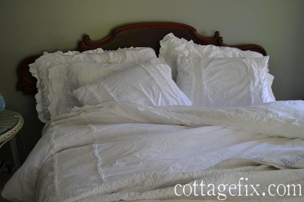 Cottage Fix blog - architectural salvage headboard and shabby chic white bedding