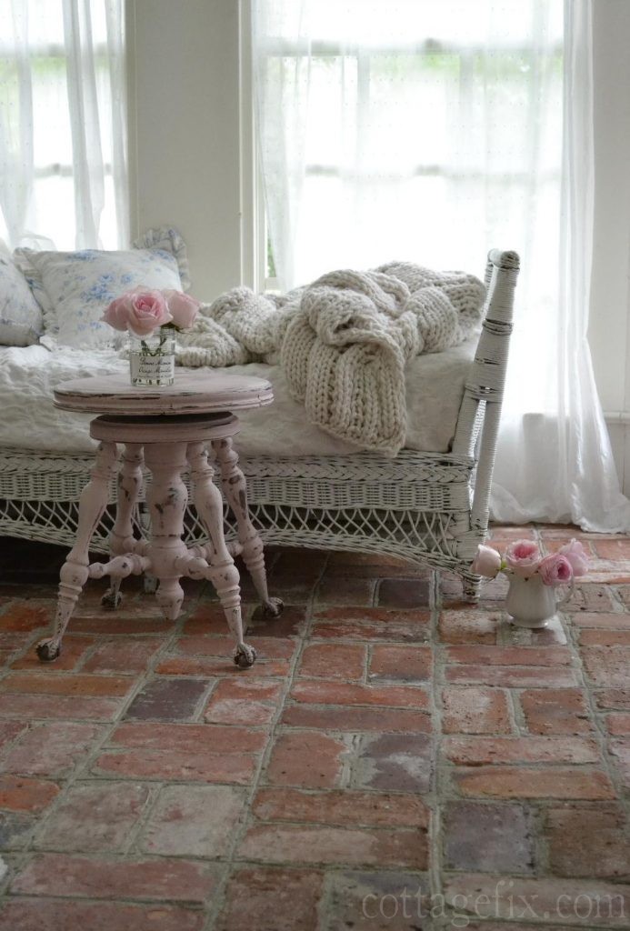 cottage Fix blog - pink stool and roses on the sun porch