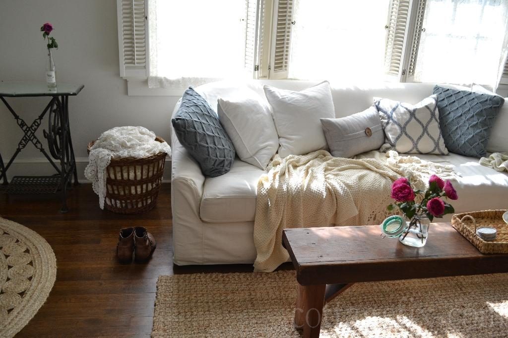 Cottage Fix blog - classic gray knit pillows in the cottage living room