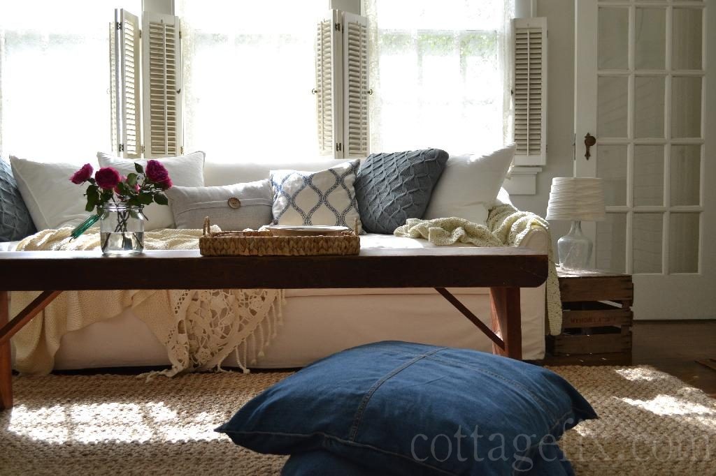 Cottage Fix blog - classic gray pillows and denim floor pillows