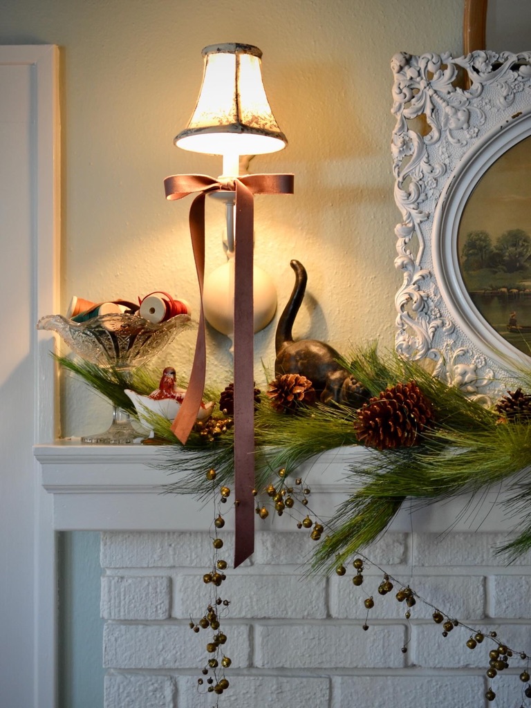 Cottage Fix blog - Christmas 2025 mantel with blish ribbon and faux pine garland